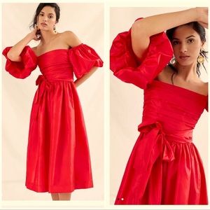 DELFI Collective x Anthropologie Giovanna Sm 4 / 6 Red Off-Shoulder Ruched Midi